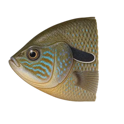 Illustration of a longear sunfish's head from the side, with a long dark ear flap bordered in white, wavy blue lines on the cheek and blue spots behind it.