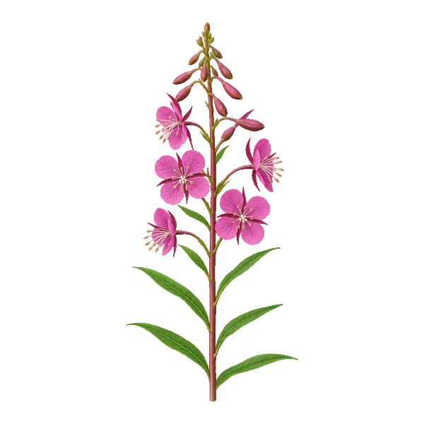 Fireweed flower spike with four-petalled flowers