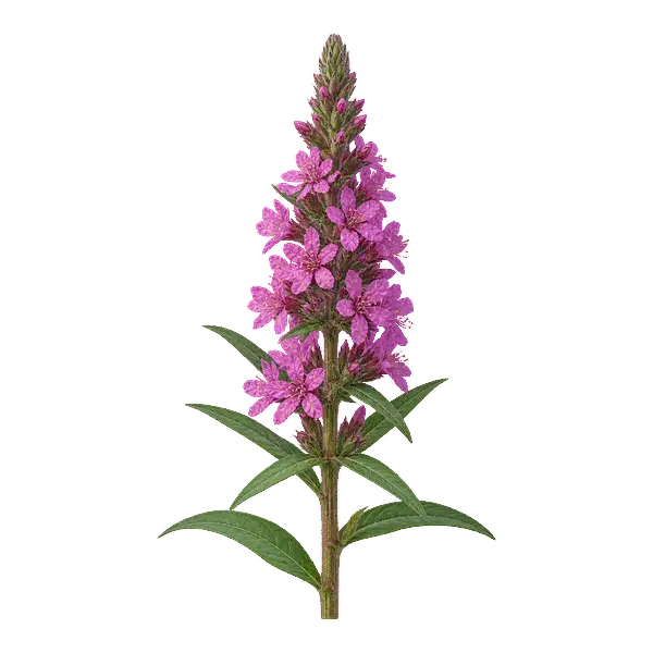 Purple loosestrife stem topped with a dense spike of magenta flowers